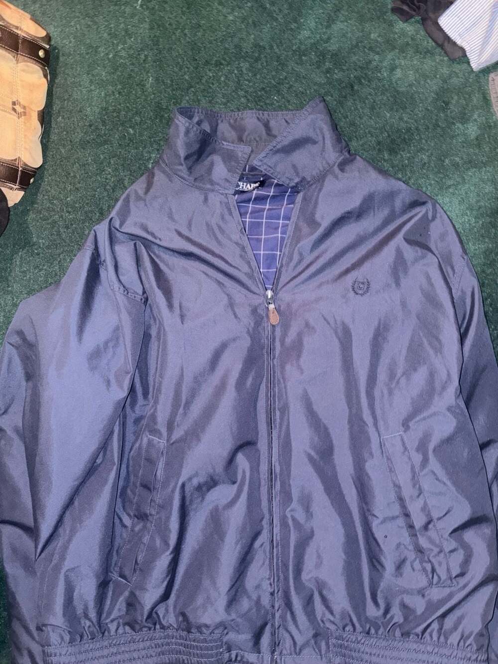 Chaps Men's Navy Blue Full Zip Lightweight Plaid-Lined Harrington Jacket